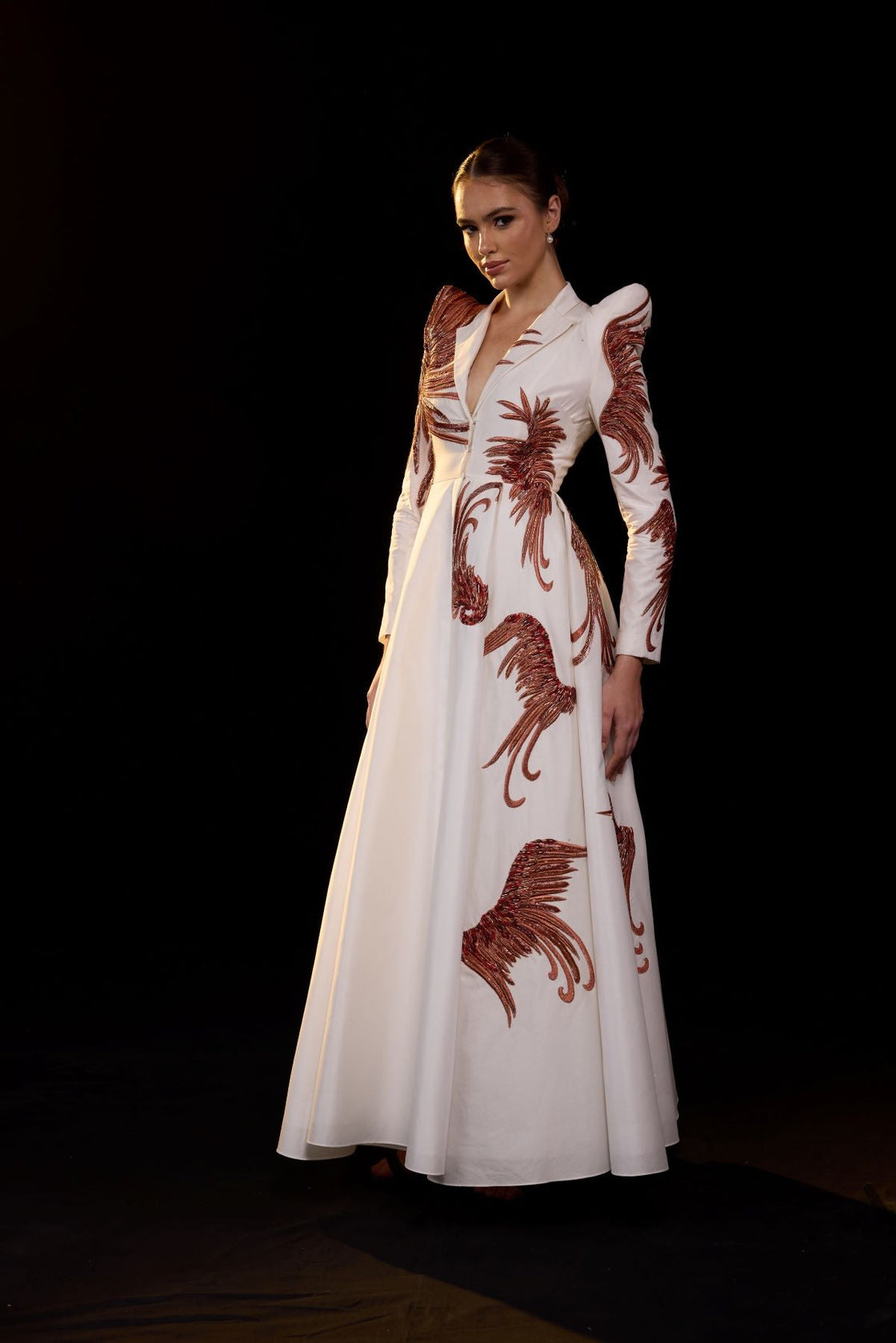 Ivory Tailored Gown with Rust Embroidered Detailing.