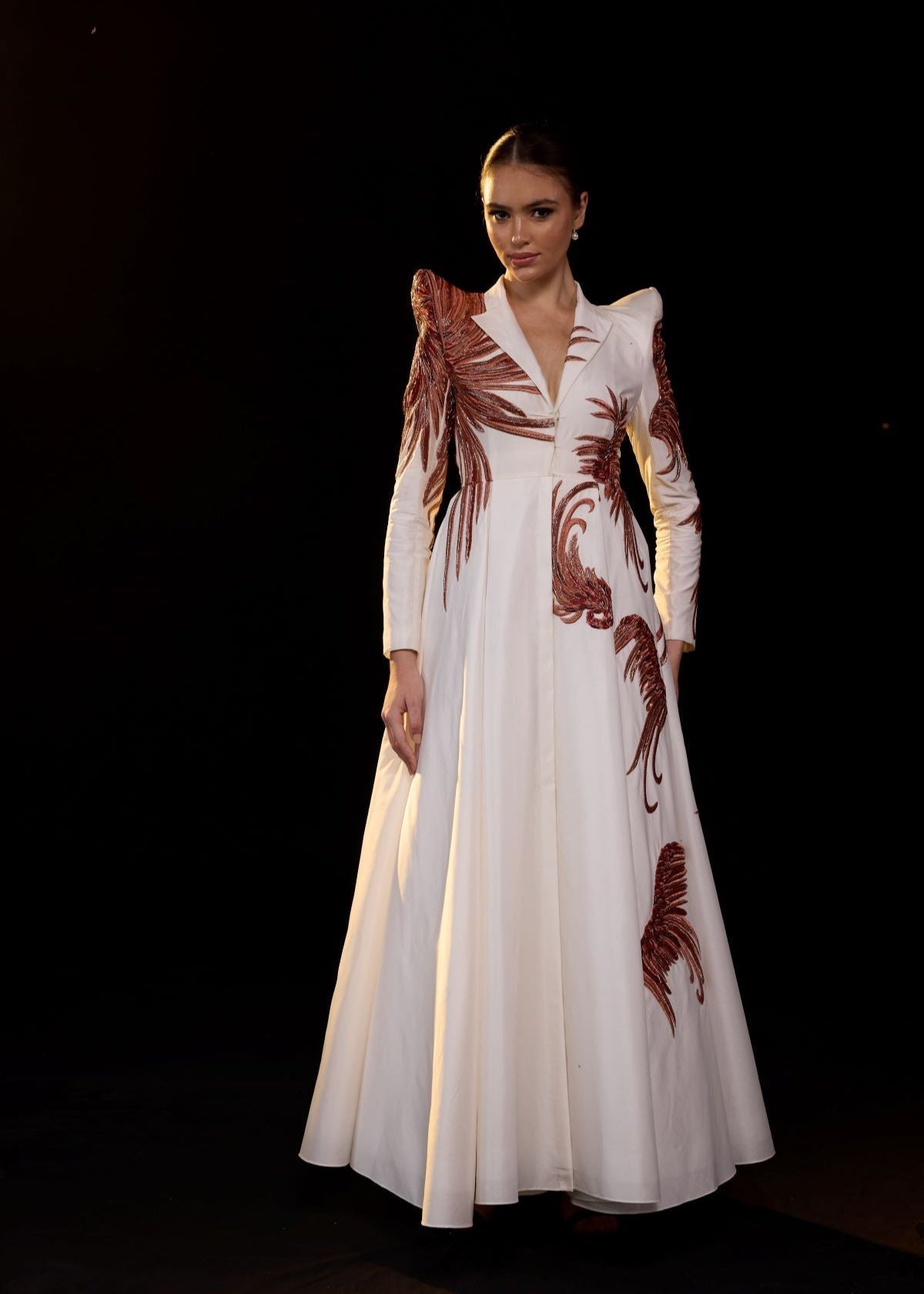 Ivory Tailored Gown with Rust Embroidered Detailing - samantchauhan Apparel & Accessories