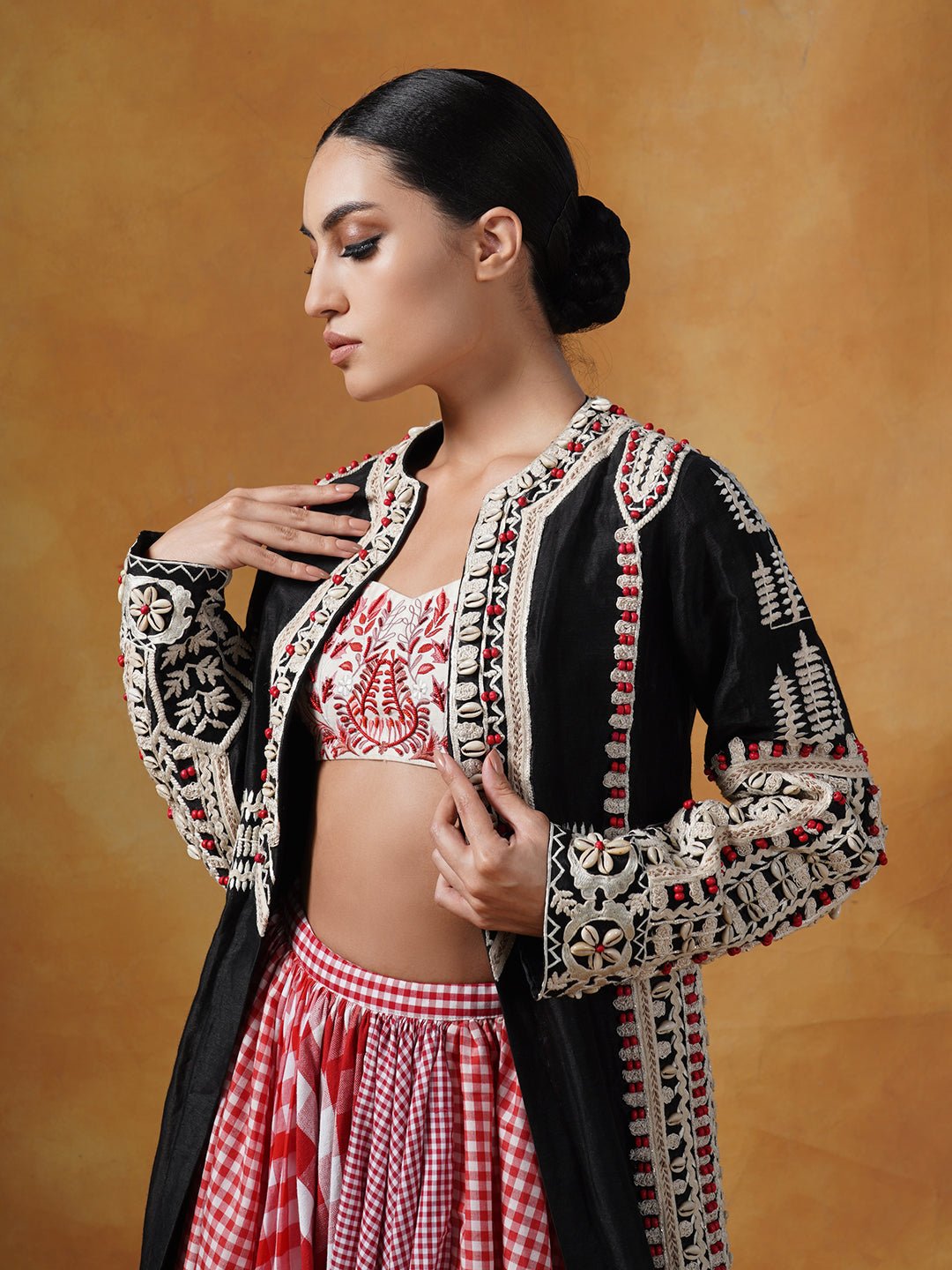Jacket is topped over a check skirt and embroidered blouse - samantchauhan Apparel & Accessories