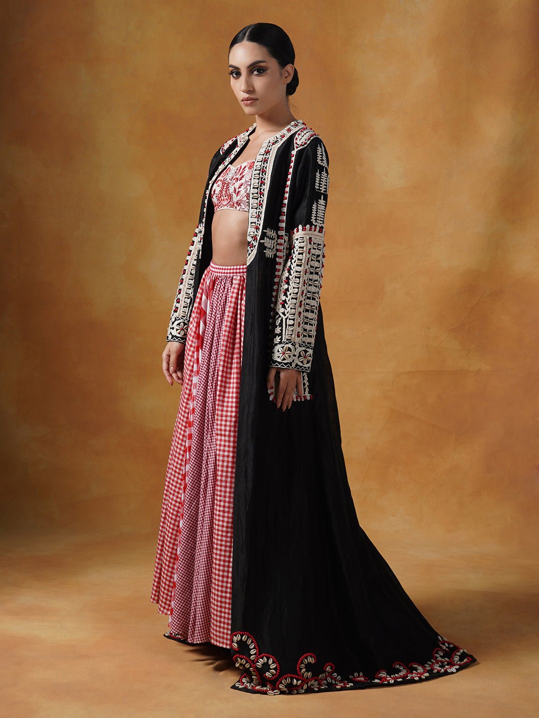 Jacket is topped over a check skirt and embroidered blouse - samantchauhan Apparel & Accessories