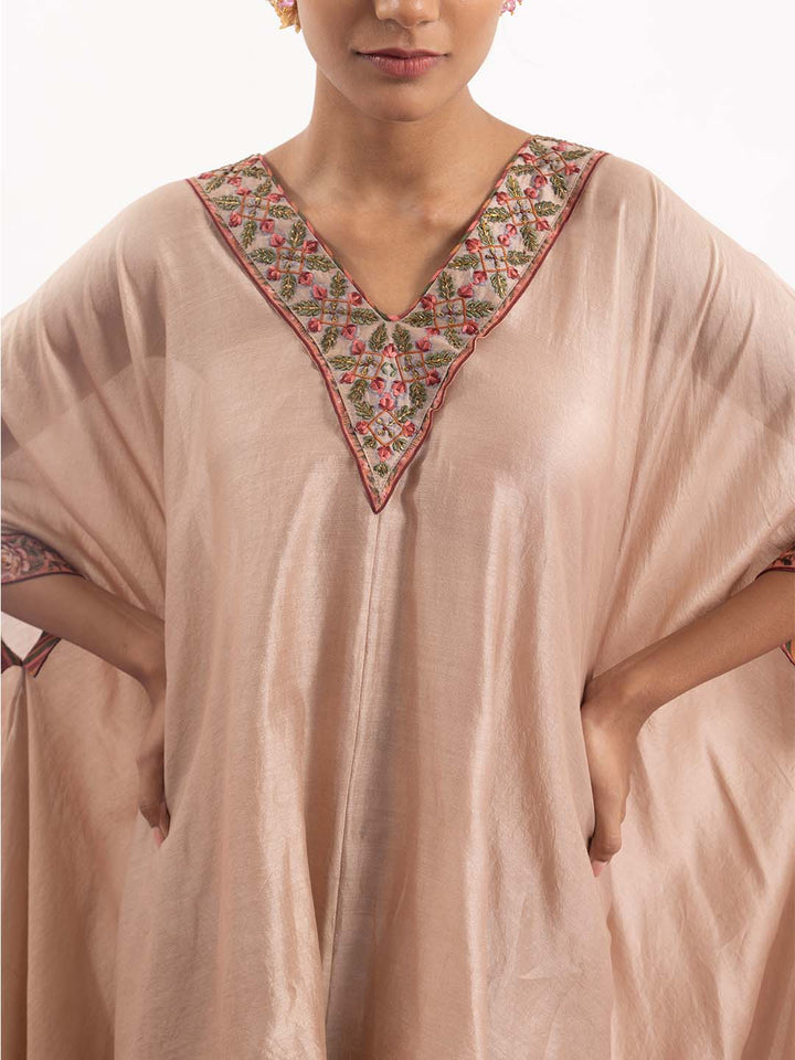 Kaftan in peach cotton silk, adorned with intricately embroidered neckline. - samantchauhan Apparel &amp; Accessories