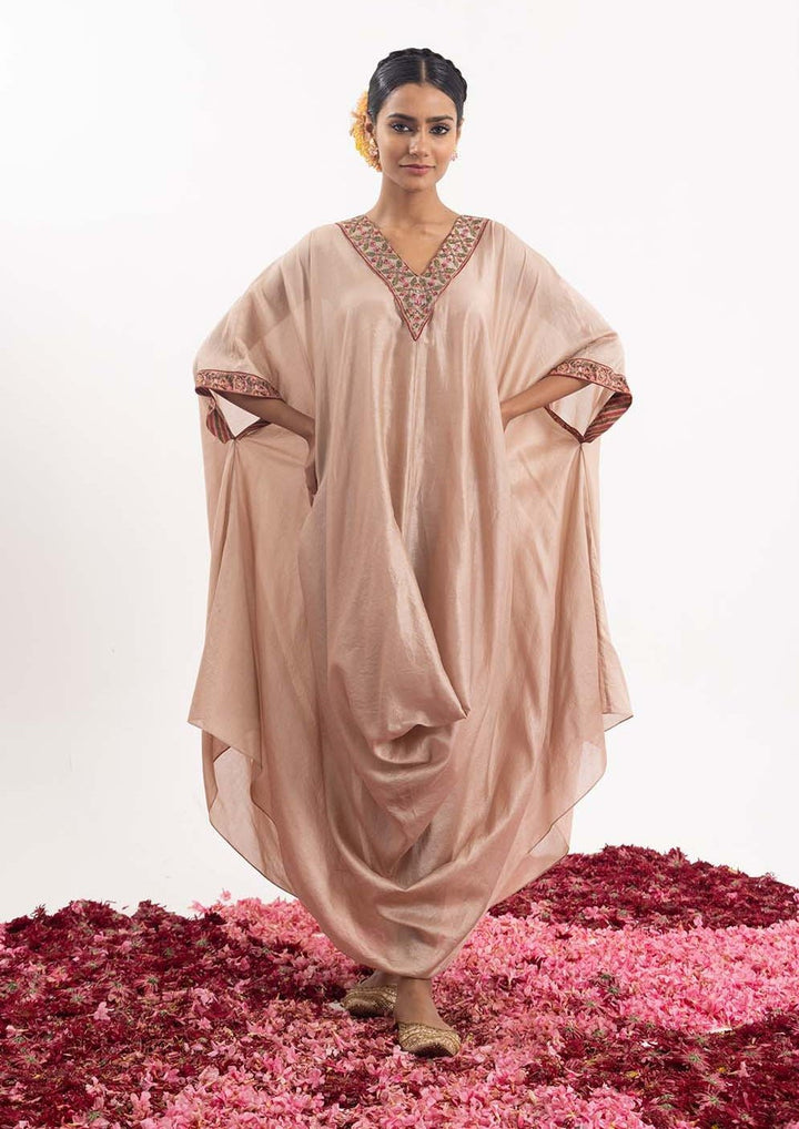 Kaftan in peach cotton silk, adorned with intricately embroidered neckline. - samantchauhan Apparel &amp; Accessories