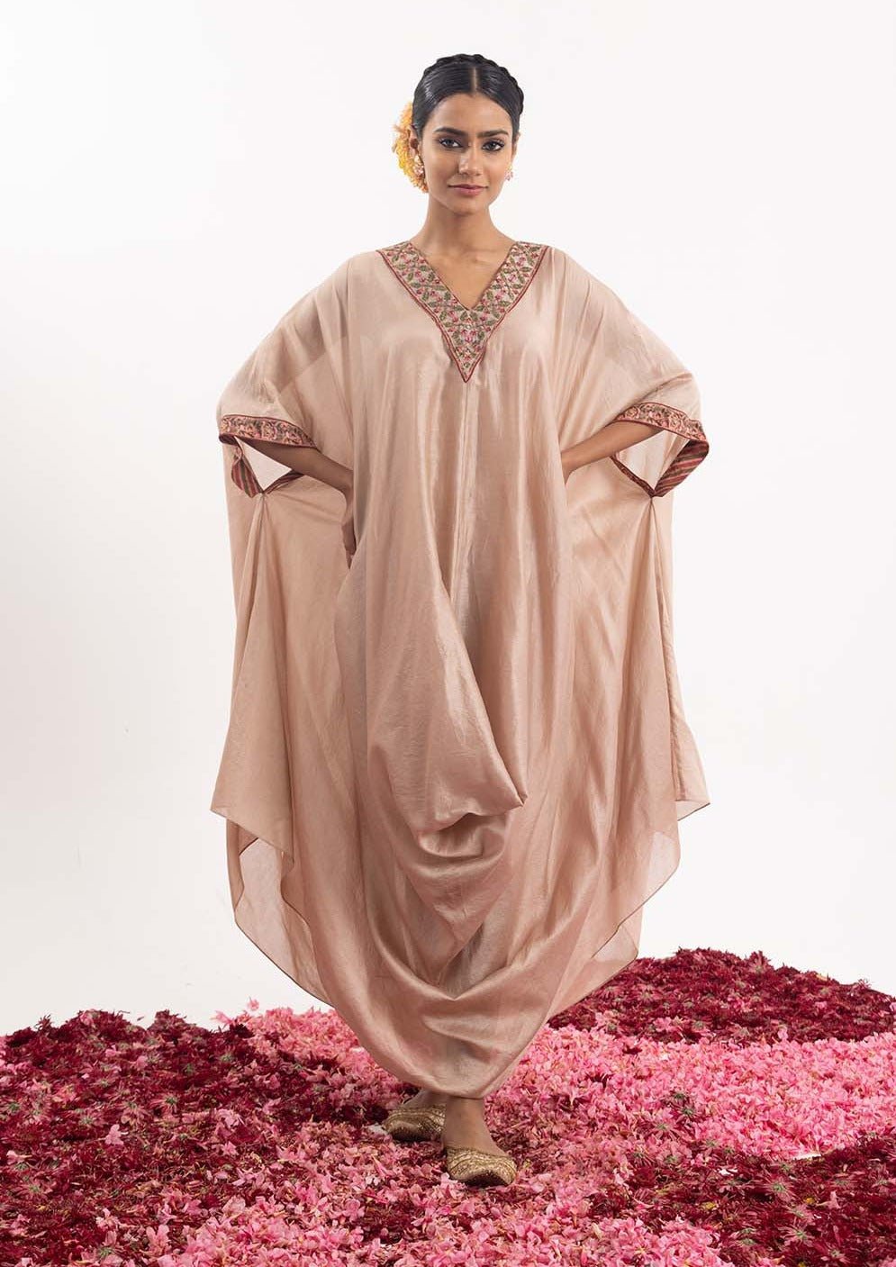 Kaftan in peach cotton silk, adorned with intricately embroidered neckline. - samantchauhan Apparel & Accessories