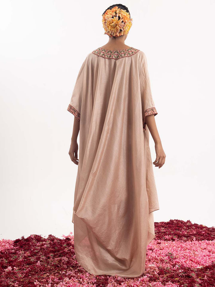 Kaftan in peach cotton silk, adorned with intricately embroidered neckline. - samantchauhan Apparel &amp; Accessories
