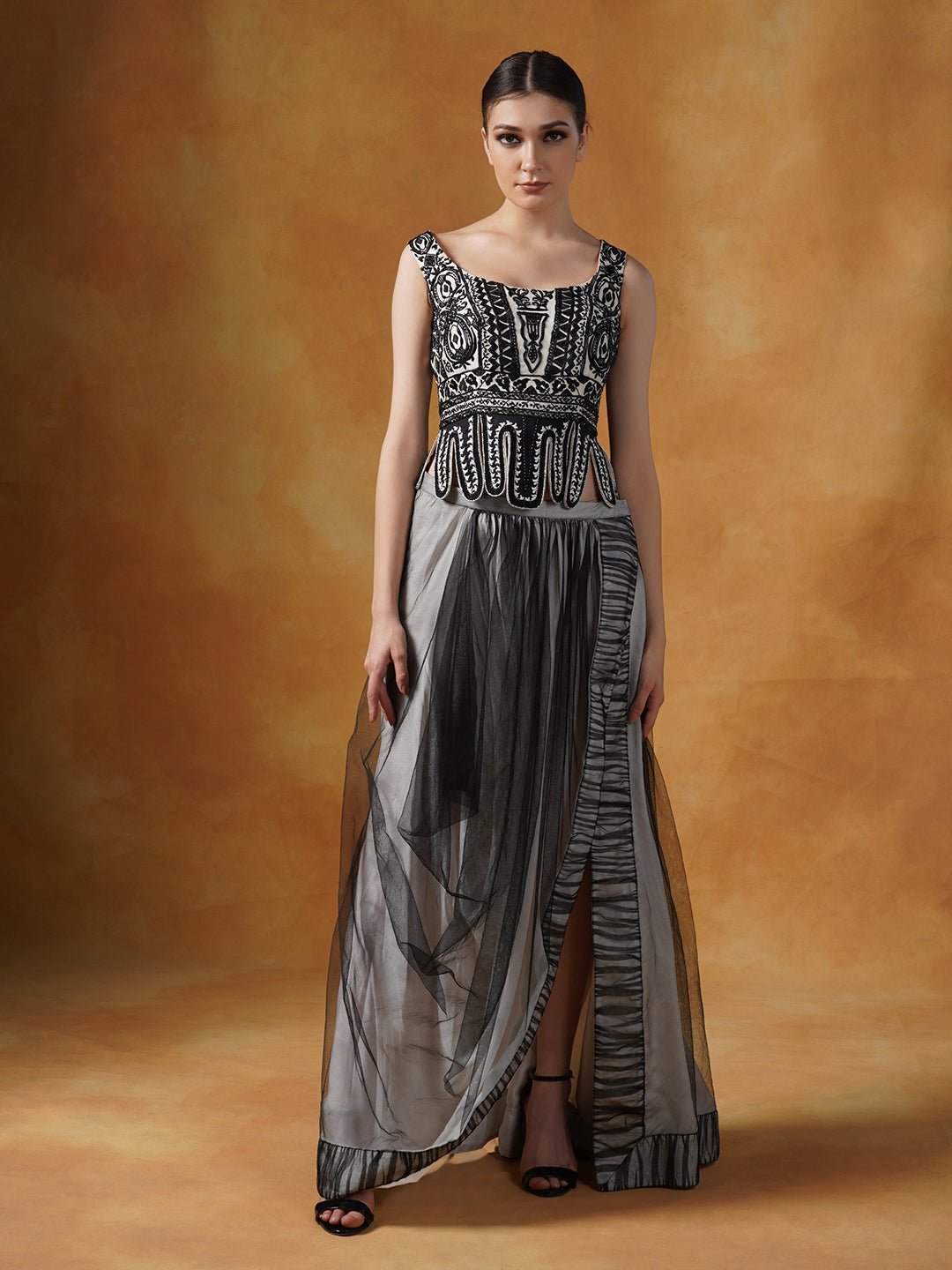 Linen silk jacket topped over a net drape skirt and embellished crop top - samantchauhan Apparel & Accessories