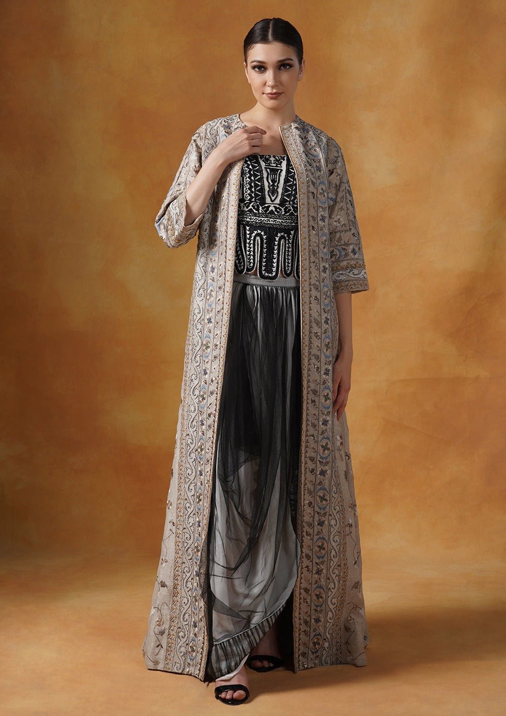 Linen silk jacket topped over a net drape skirt and embellished crop top - samantchauhan Apparel & Accessories