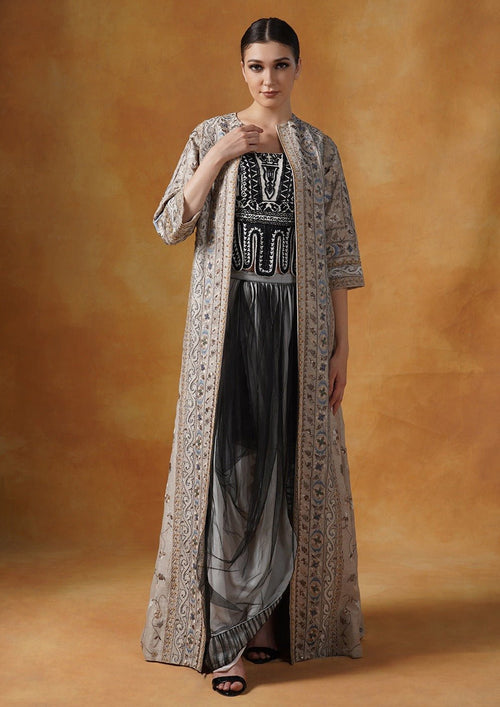 Linen silk jacket topped over a net drape skirt and embellished crop top - samantchauhan Apparel & Accessories