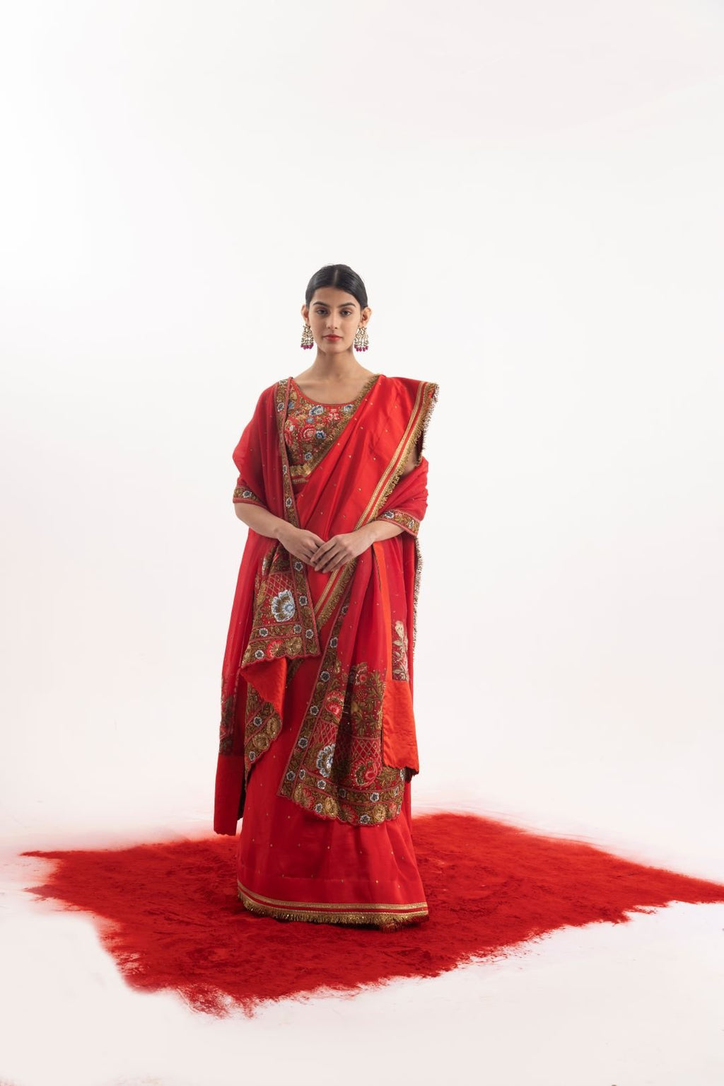 Luxurious 3 - piece set showcasing a red embroidered saree - samantchauhan Apparel & Accessories