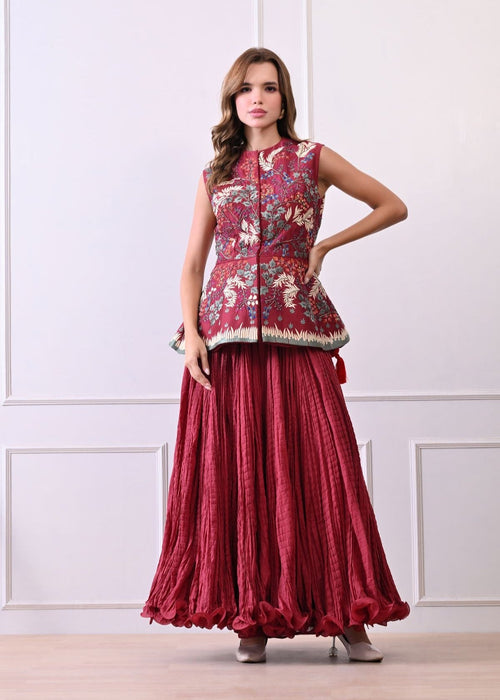 Make a statement with this exquisite maroon sleeveless peplum jacket - samantchauhan Apparel & Accessories