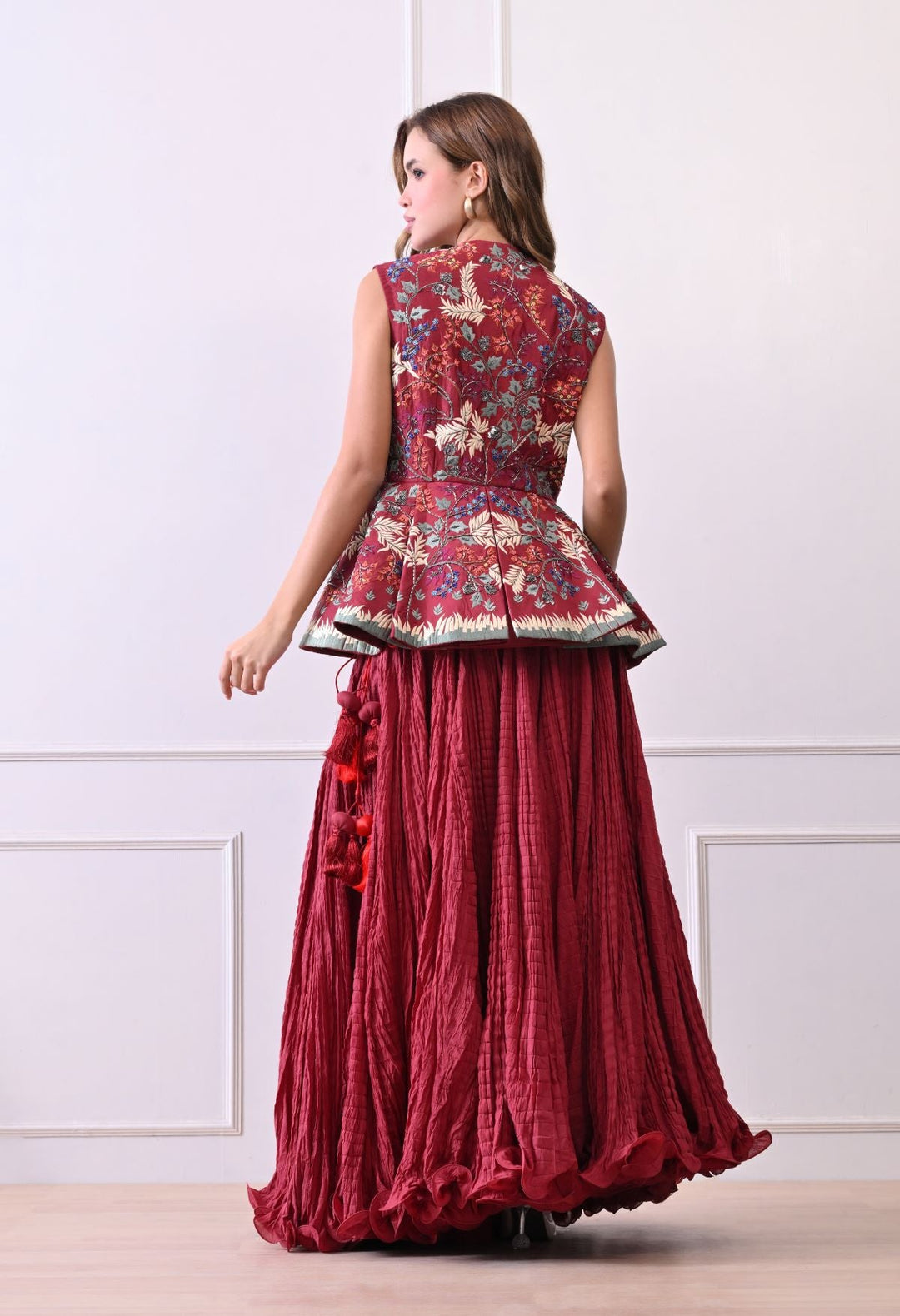 Make a statement with this exquisite maroon sleeveless peplum jacket - samantchauhan Apparel &amp; Accessories