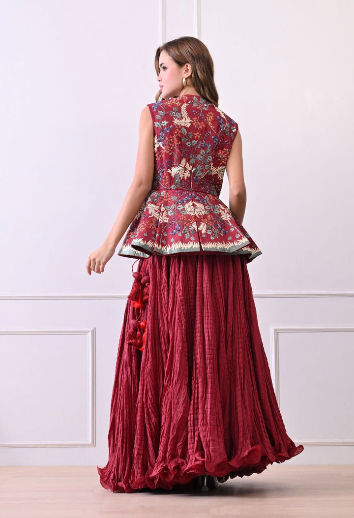Make a statement with this exquisite maroon sleeveless peplum jacket - samantchauhan Apparel &amp; Accessories