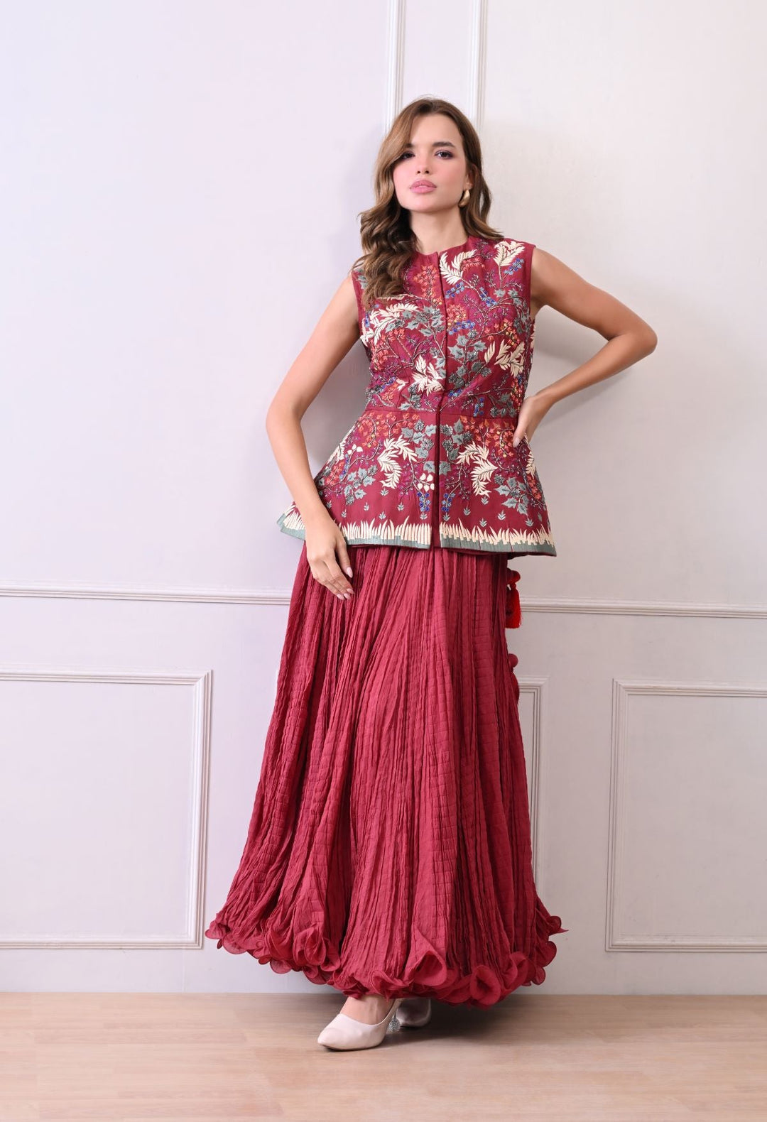 Make a statement with this exquisite maroon sleeveless peplum jacket - samantchauhan Apparel &amp; Accessories