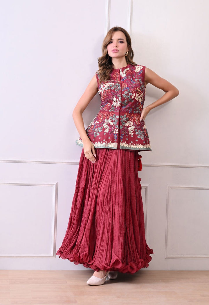 Make a statement with this exquisite maroon sleeveless peplum jacket - samantchauhan Apparel &amp; Accessories