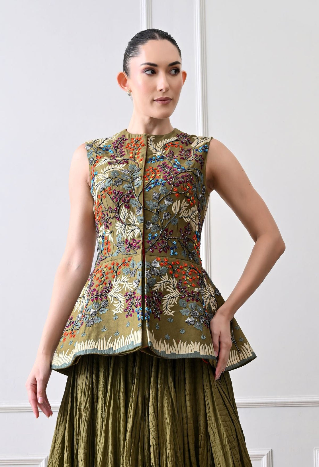 Make a statement with this exquisite olive sleeveless peplum jacket - samantchauhan Apparel & Accessories