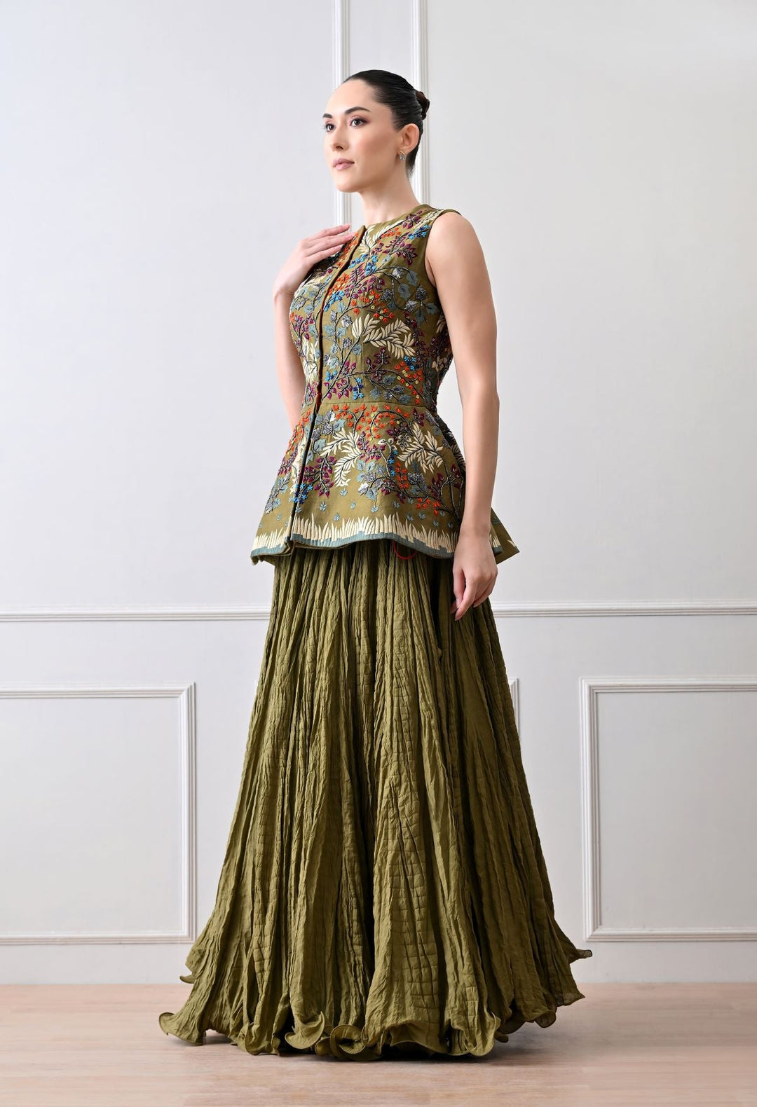 Make a statement with this exquisite olive sleeveless peplum jacket - samantchauhan Apparel &amp; Accessories