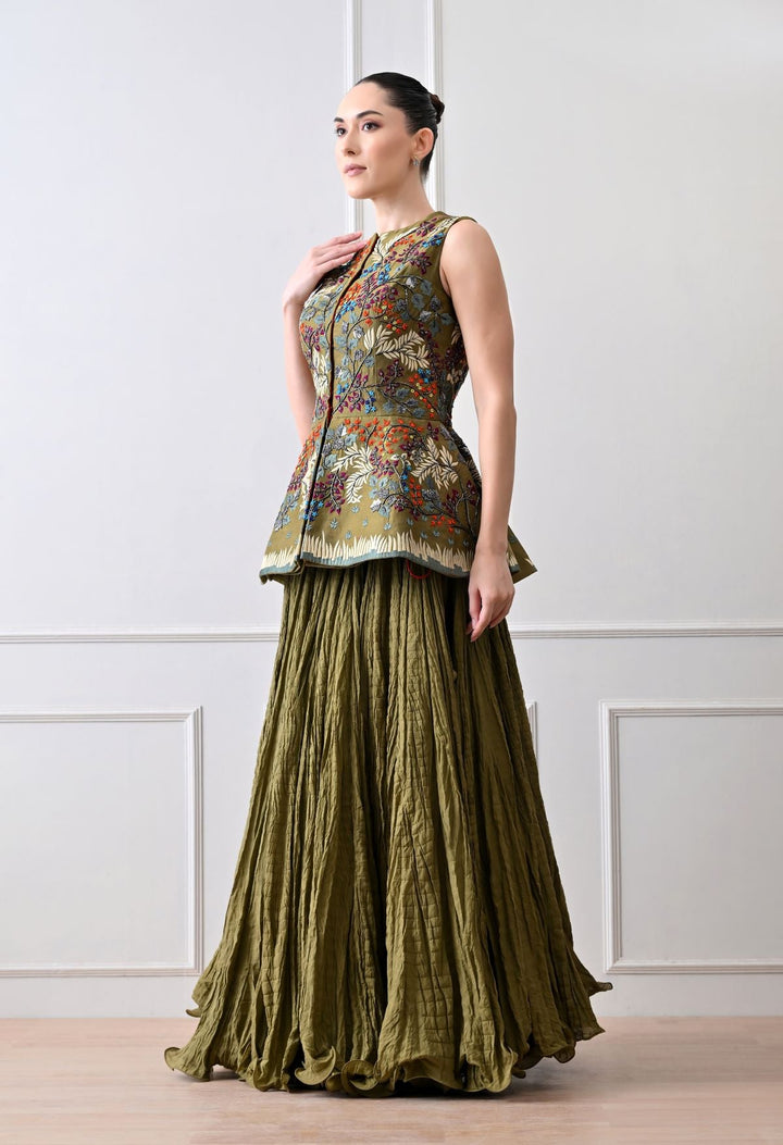 Make a statement with this exquisite olive sleeveless peplum jacket - samantchauhan Apparel &amp; Accessories