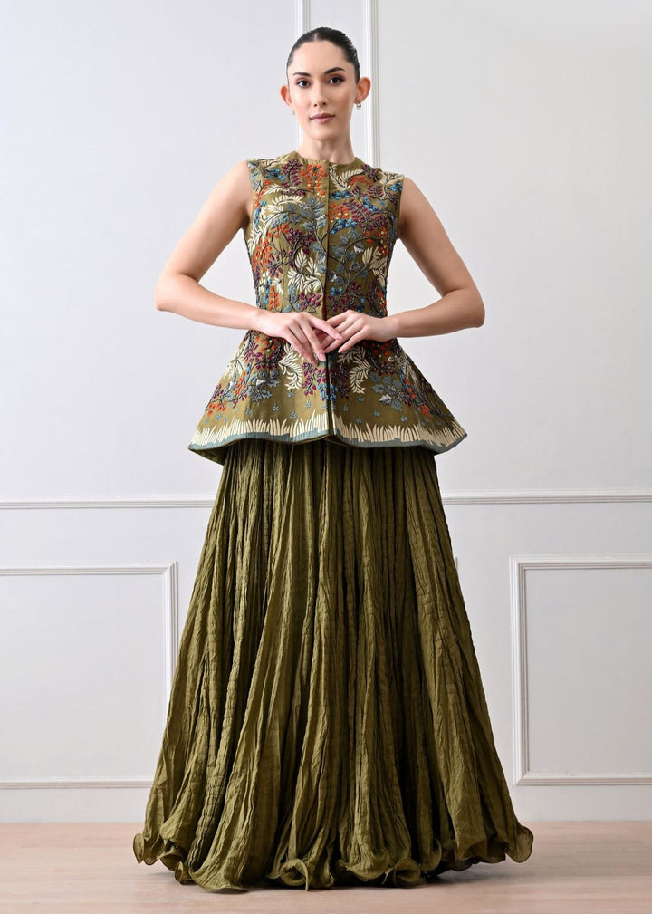 Make a statement with this exquisite olive sleeveless peplum jacket - samantchauhan Apparel &amp; Accessories