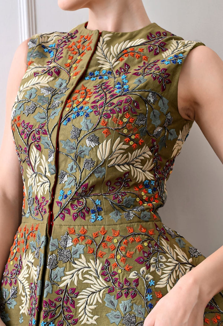 Make a statement with this exquisite olive sleeveless peplum jacket - samantchauhan Apparel &amp; Accessories