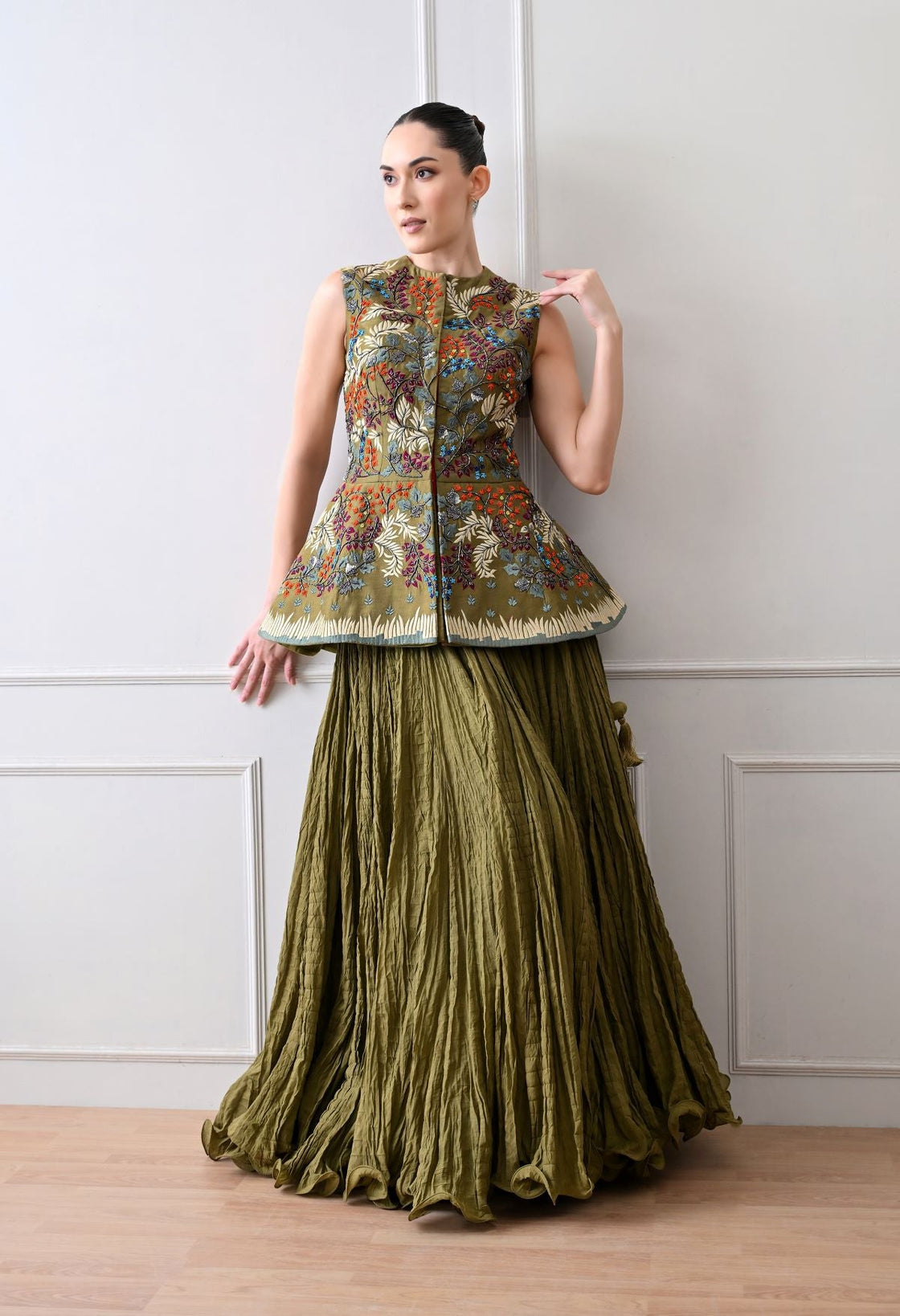 Make a statement with this exquisite olive sleeveless peplum jacket - samantchauhan Apparel & Accessories