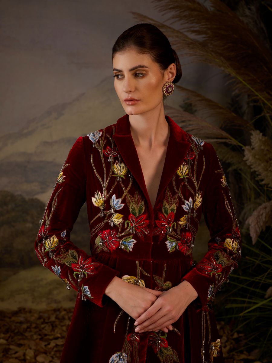 Mandarin - collared Embroidered Jacket Gown - samantchauhan Apparel & Accessories