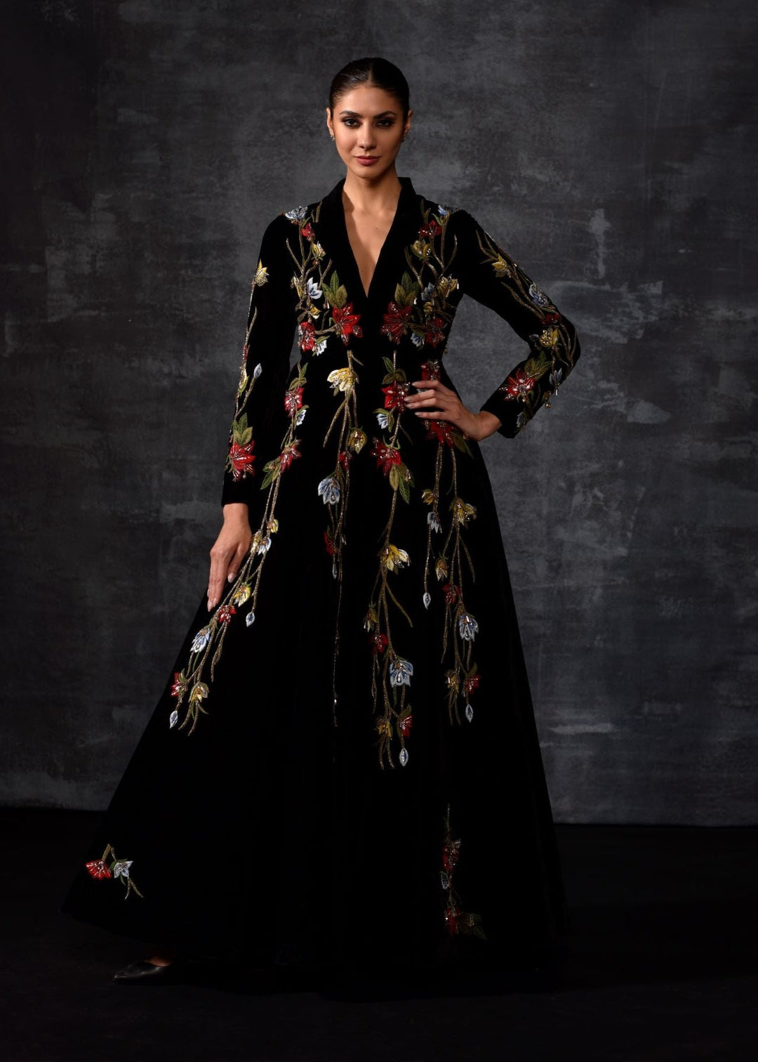 Mandarin - collared Embroidered Jacket Gown - samantchauhan Apparel & Accessories