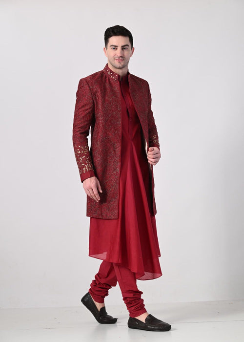 maroon Indo - Western outfit featuring a heavily embroidered sherwani jacket - samantchauhan Apparel & Accessories