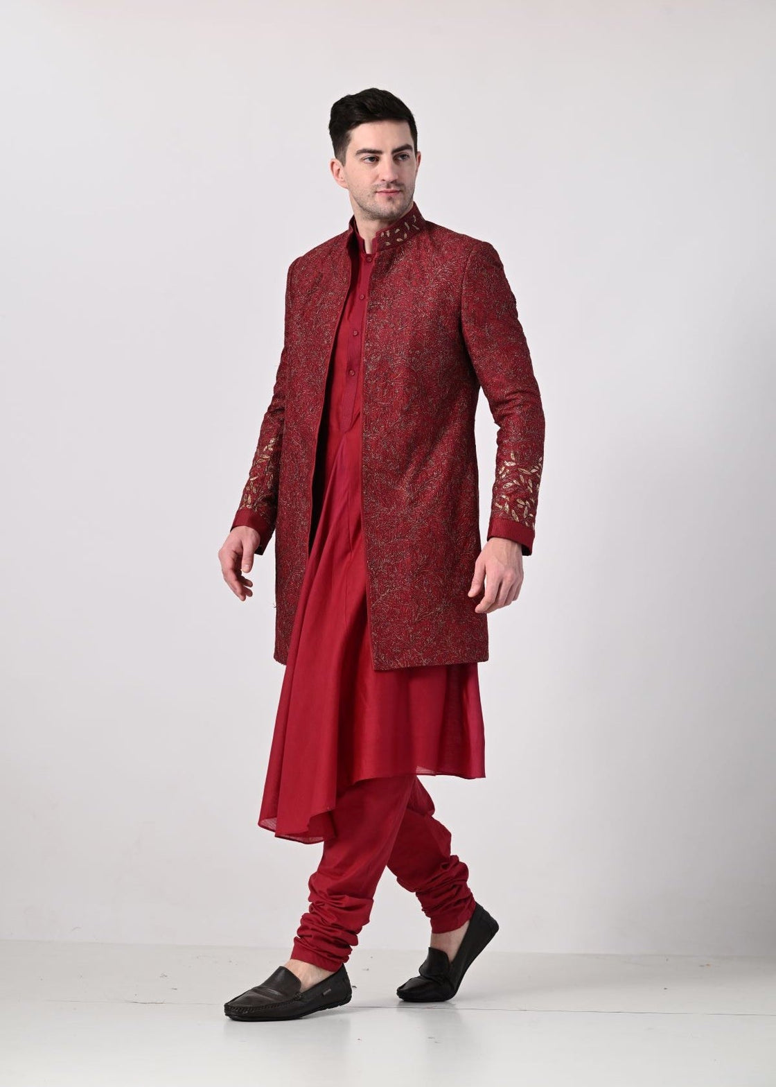 maroon Indo - Western outfit featuring a heavily embroidered sherwani jacket - samantchauhan Apparel & Accessories