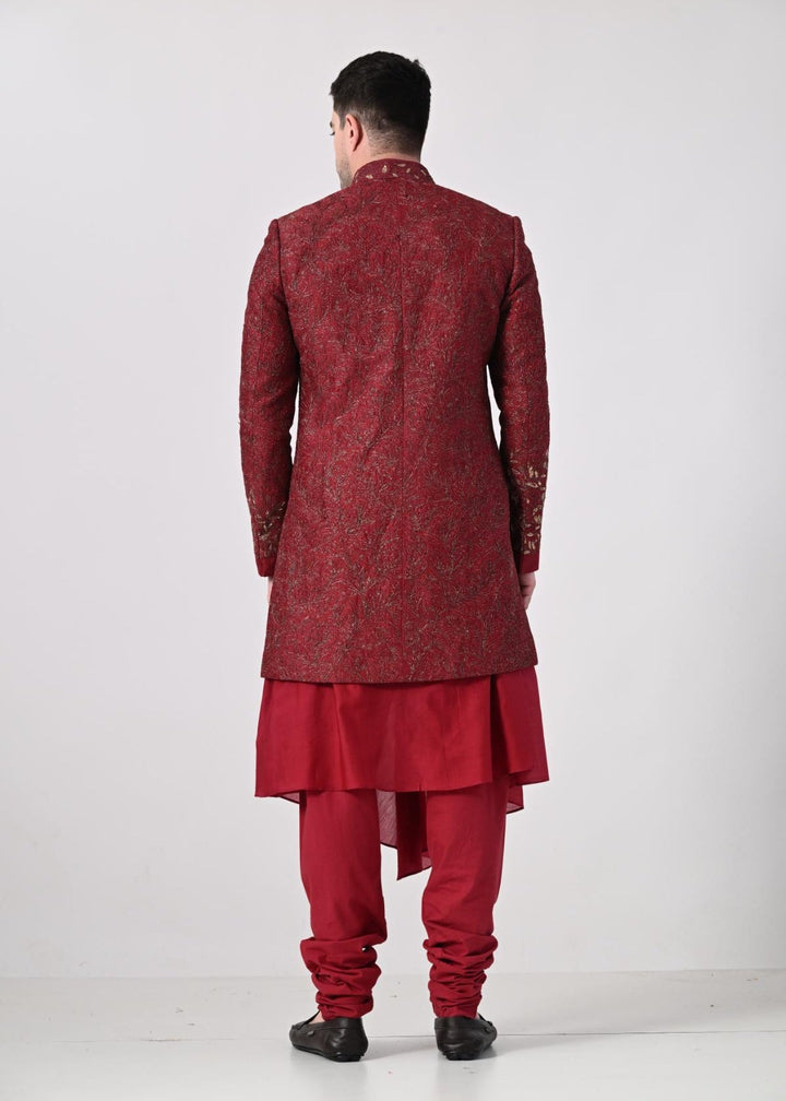 maroon Indo - Western outfit featuring a heavily embroidered sherwani jacket - samantchauhan Apparel &amp; Accessories