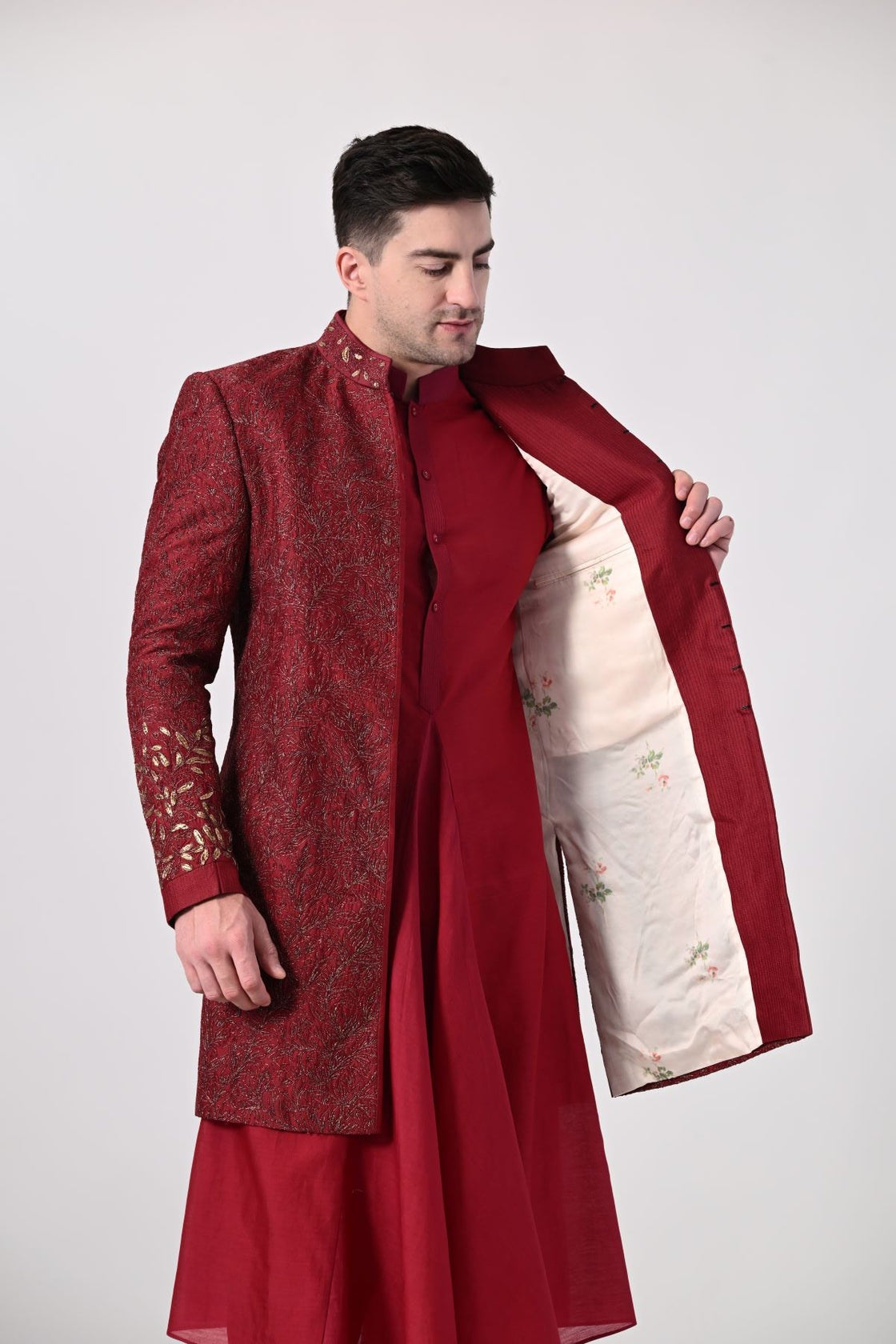 maroon Indo - Western outfit featuring a heavily embroidered sherwani jacket - samantchauhan Apparel & Accessories