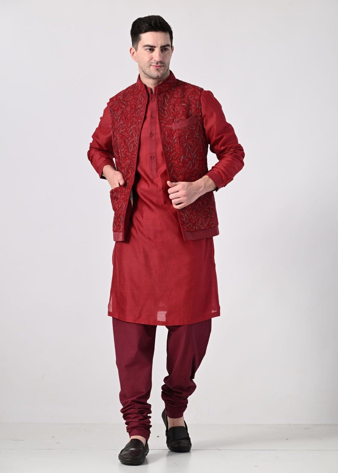 maroon kurta set featuring a richly embroidered nehru jacket - samantchauhan Apparel & Accessories