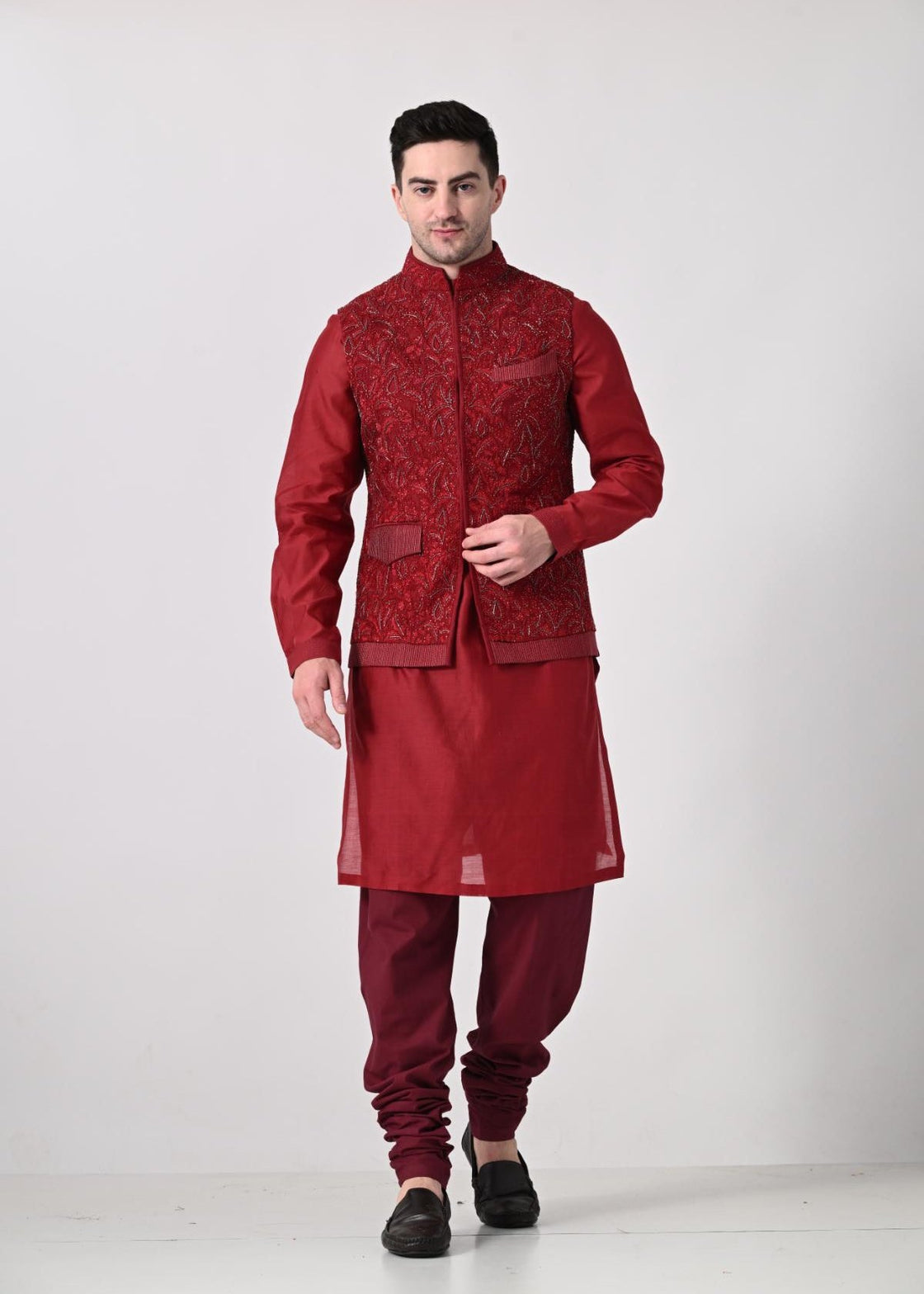 maroon kurta set featuring a richly embroidered nehru jacket - samantchauhan Apparel & Accessories