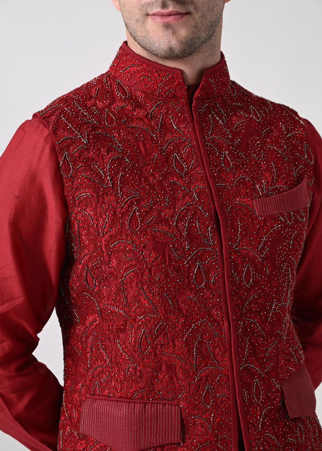 maroon kurta set featuring a richly embroidered nehru jacket - samantchauhan Apparel & Accessories