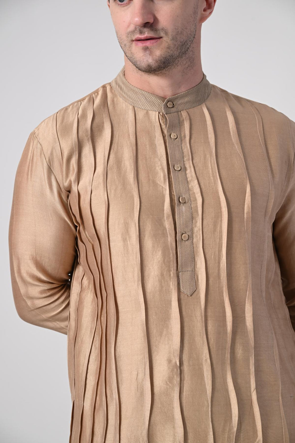 Men's Beige Textured Kurta with White Churidar - samantchauhan Apparel & Accessories