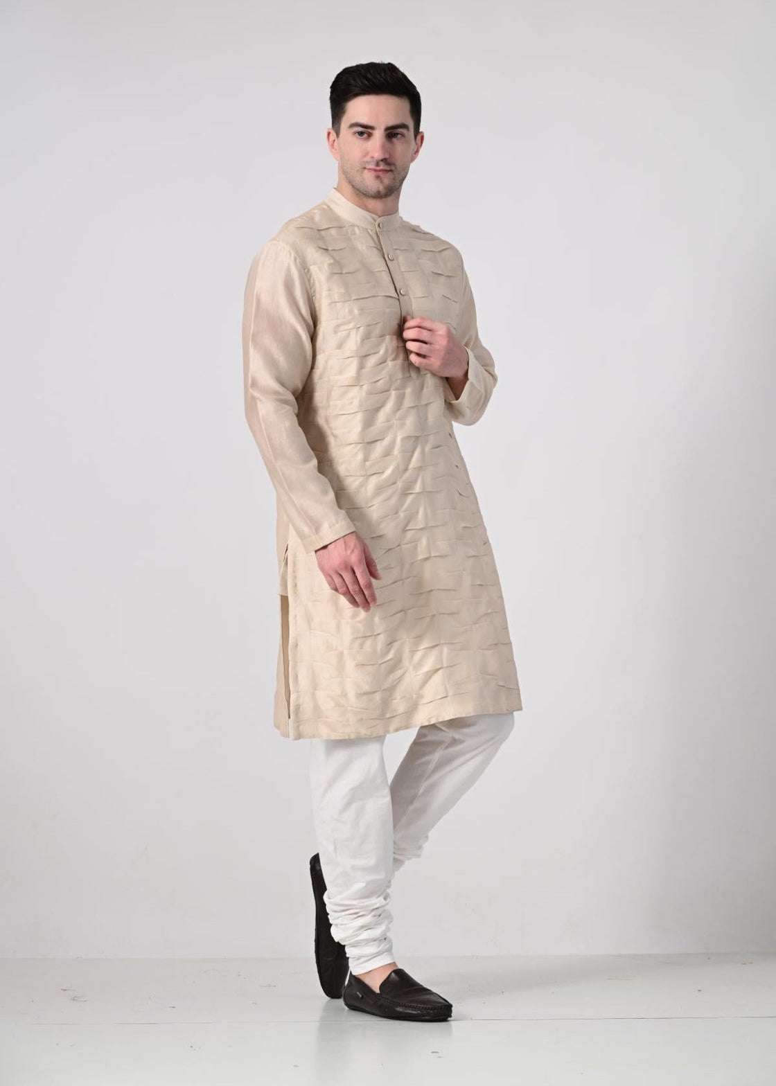 Men's Cream Textured Kurta with White Churidar - samantchauhan Apparel & Accessories
