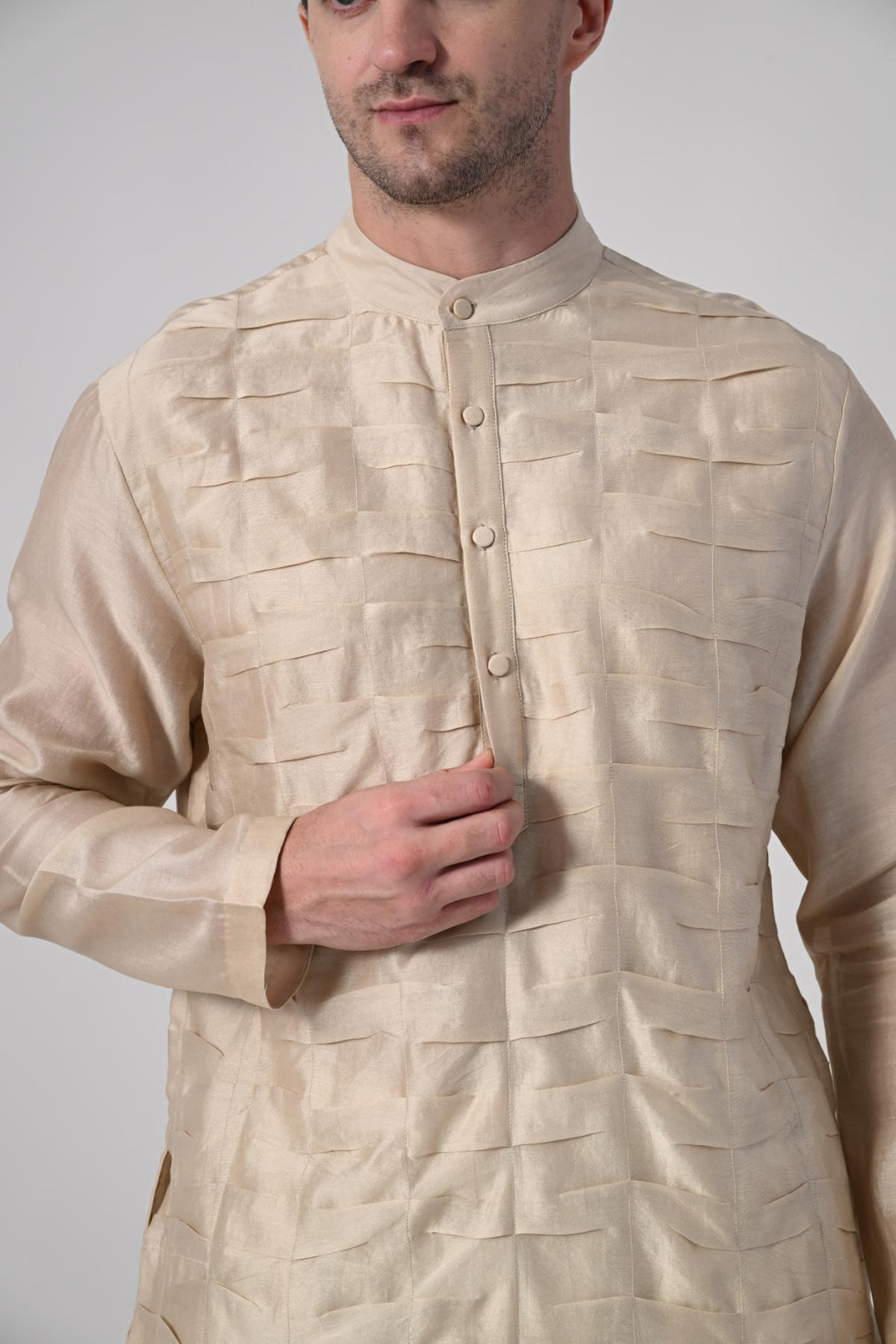 Men's Cream Textured Kurta with White Churidar - samantchauhan Apparel & Accessories