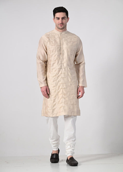 Men's Cream Textured Kurta with White Churidar - samantchauhan Apparel & Accessories