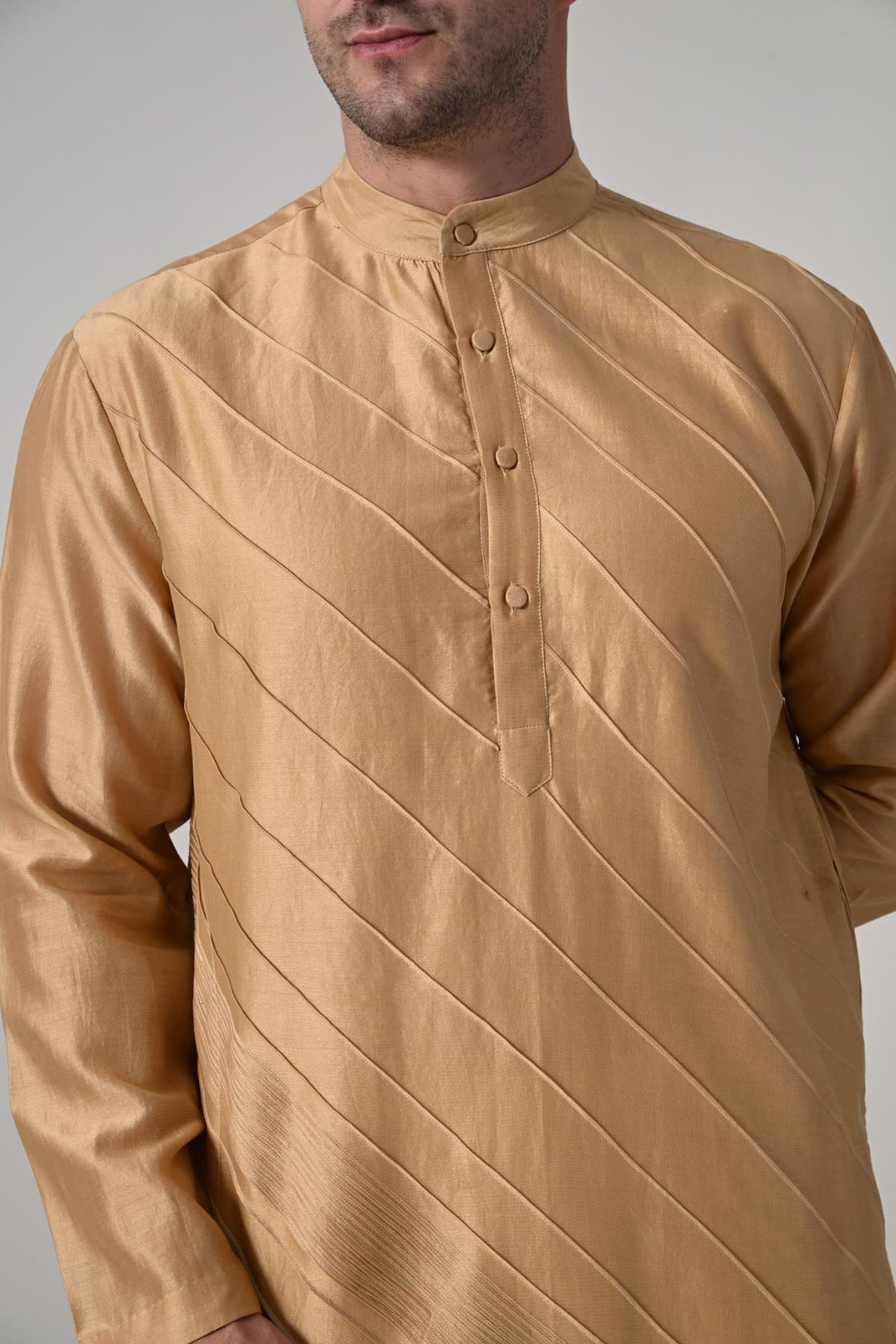 Men's Golden Beige Diagonal Textured Kurta with White Churidar - samantchauhan Apparel & Accessories