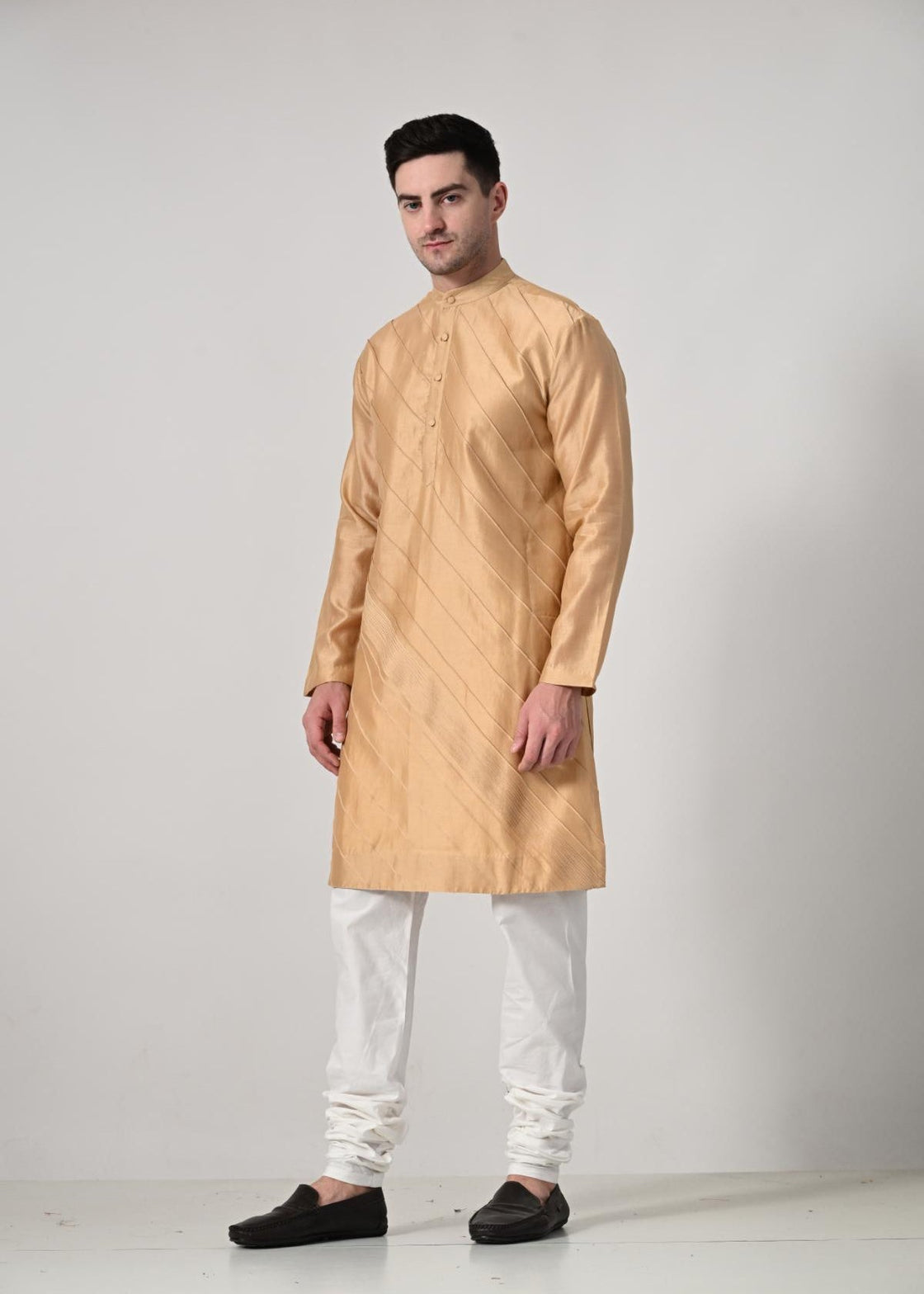 Men's Golden Beige Diagonal Textured Kurta with White Churidar - samantchauhan Apparel & Accessories