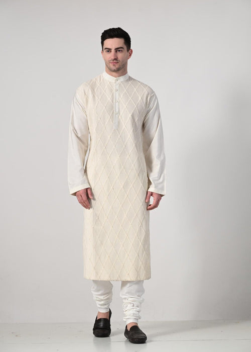 Men's Ivory Embroidered Kurta with White Churidar - samantchauhan Apparel & Accessories