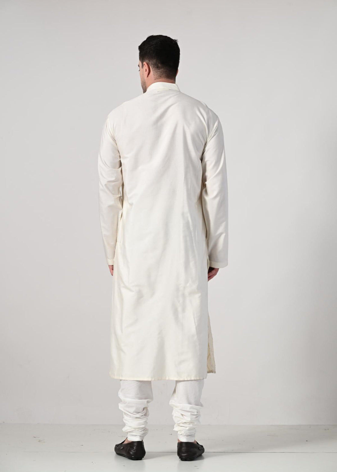 Men's Ivory Embroidered Kurta with White Churidar - samantchauhan Apparel & Accessories