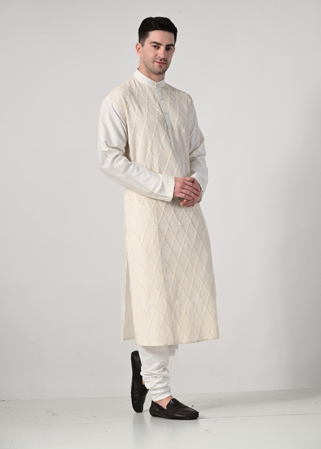 Men's Ivory Embroidered Kurta with White Churidar - samantchauhan Apparel & Accessories