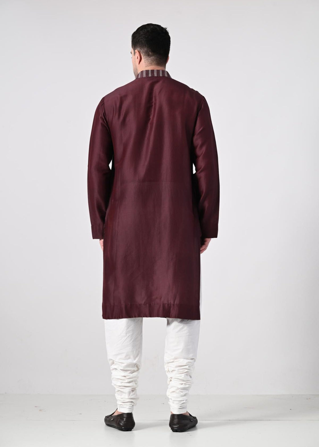 Men's Maroon Striped Kurta with White Churidar - samantchauhan Apparel & Accessories