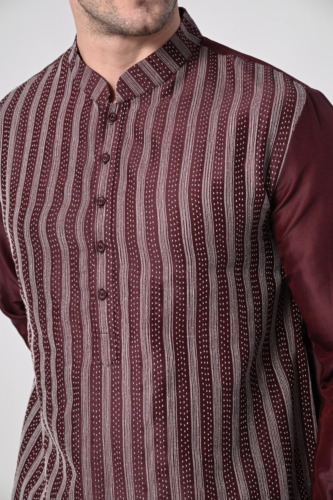 Men's Maroon Striped Kurta with White Churidar - samantchauhan Apparel & Accessories