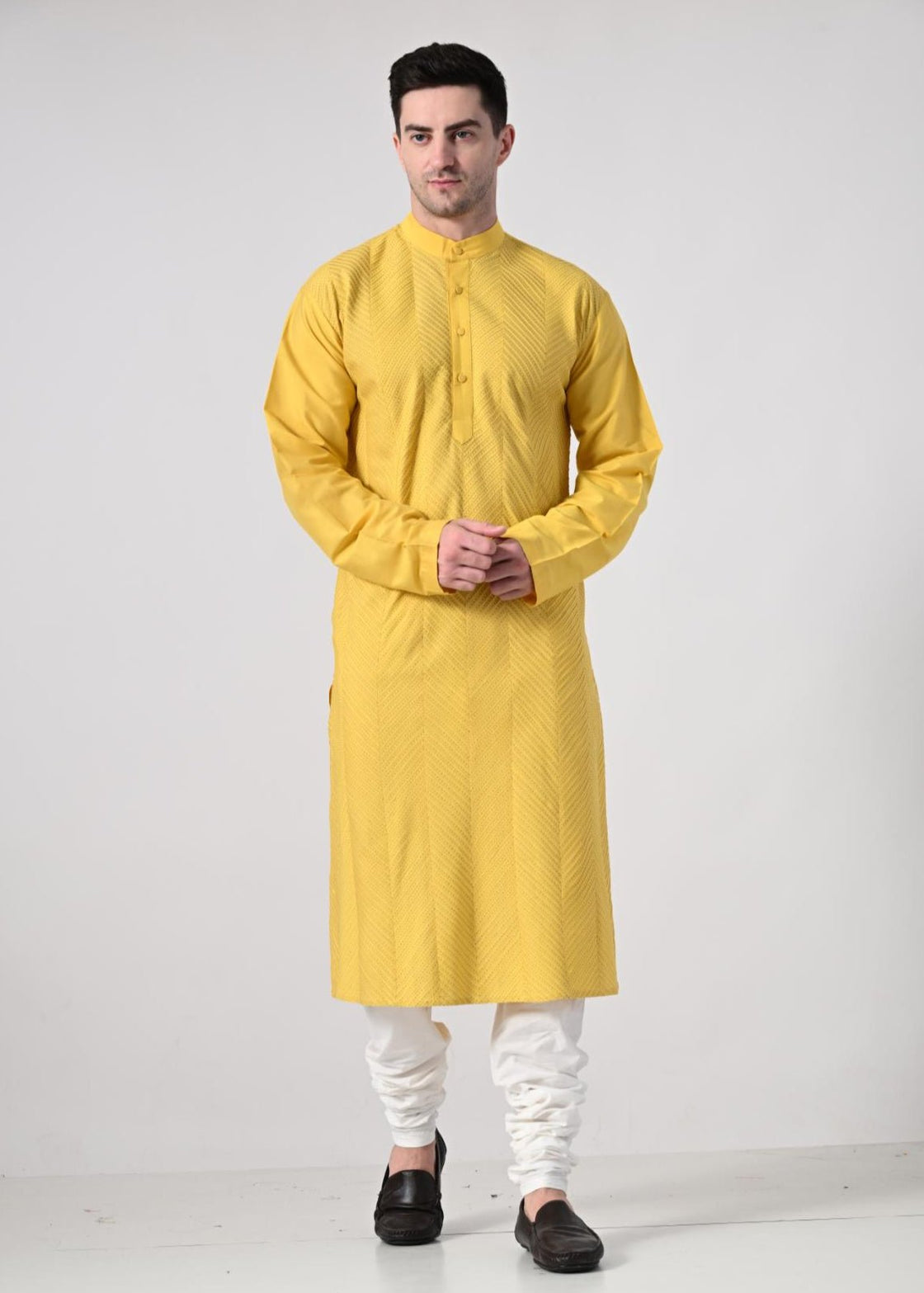 Men's Yellow Kurta with White Churidar - samantchauhan Apparel & Accessories