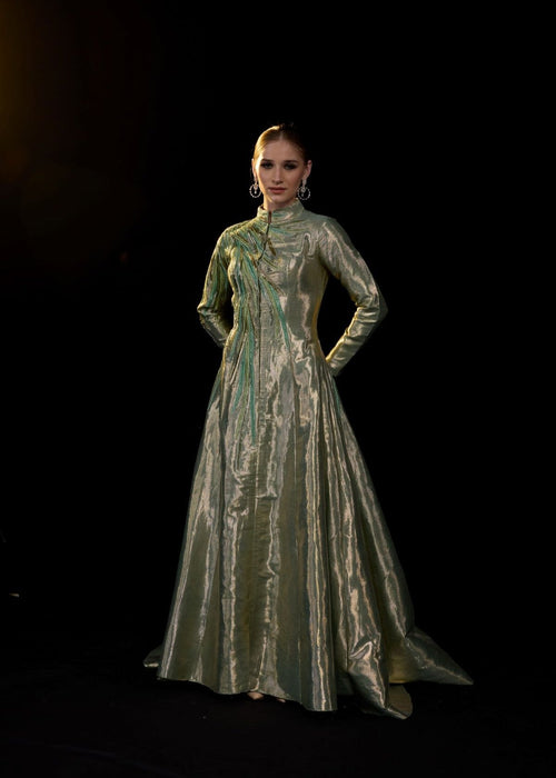 Metallic Olive Structured Gown.