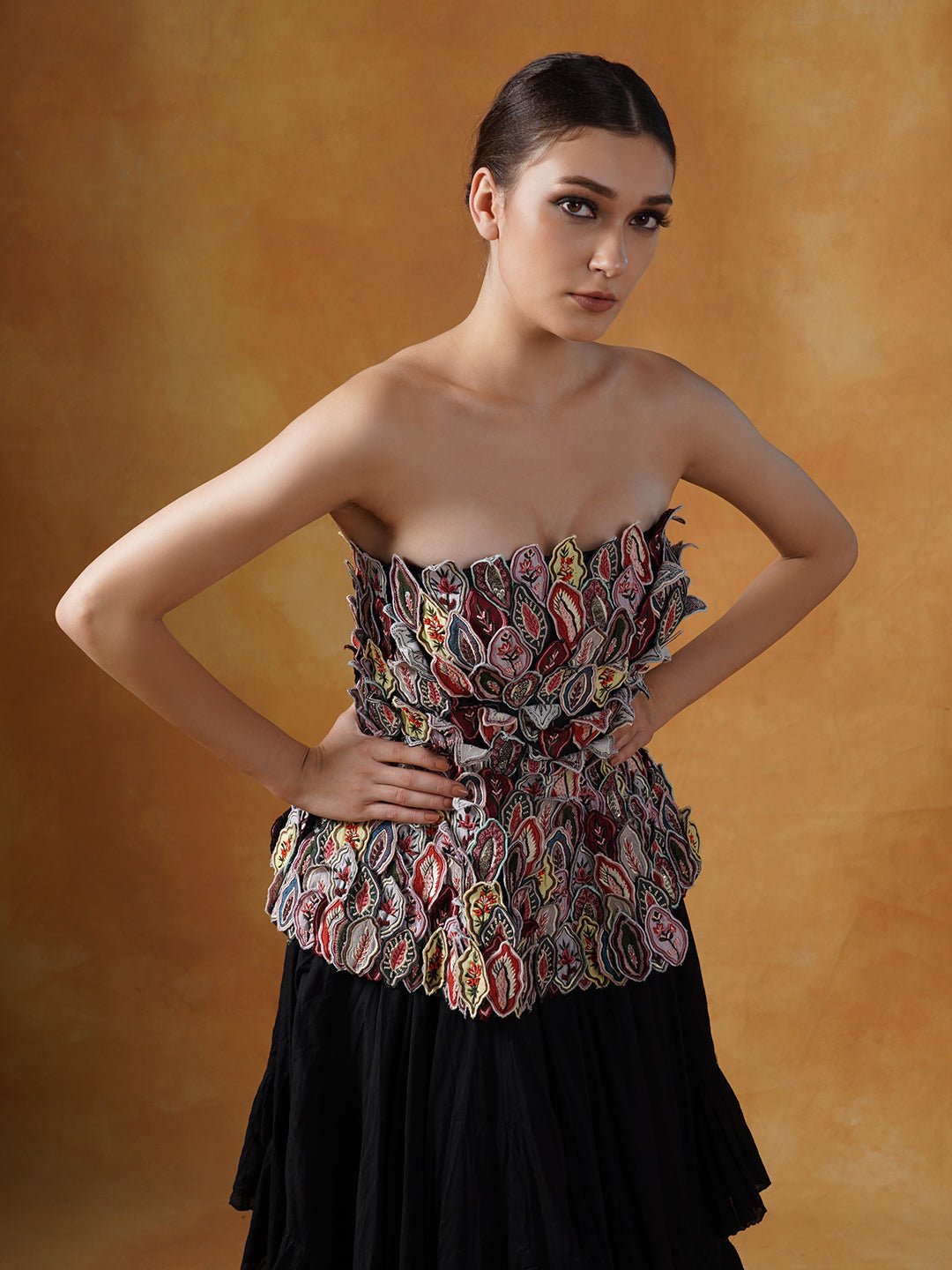 Multicolor embroidery corset appliqué work with black tier skirt - samantchauhan Apparel & Accessories