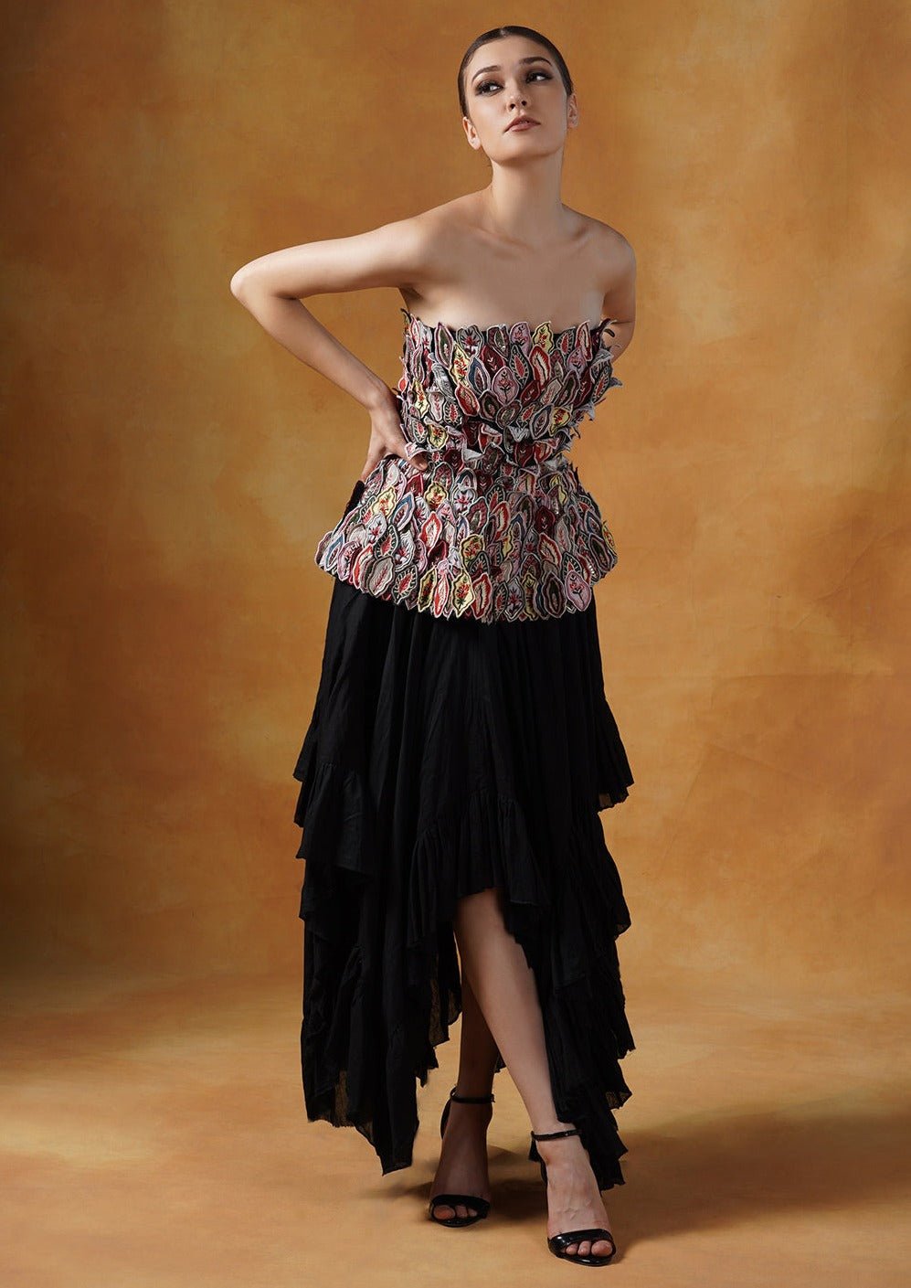 Multicolor embroidery corset appliqué work with black tier skirt - samantchauhan Apparel & Accessories
