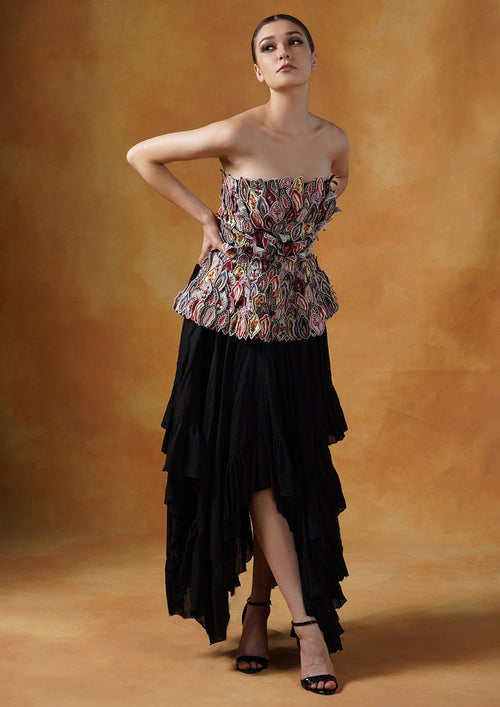 Multicolor embroidery corset appliqué work with black tier skirt - samantchauhan Apparel & Accessories