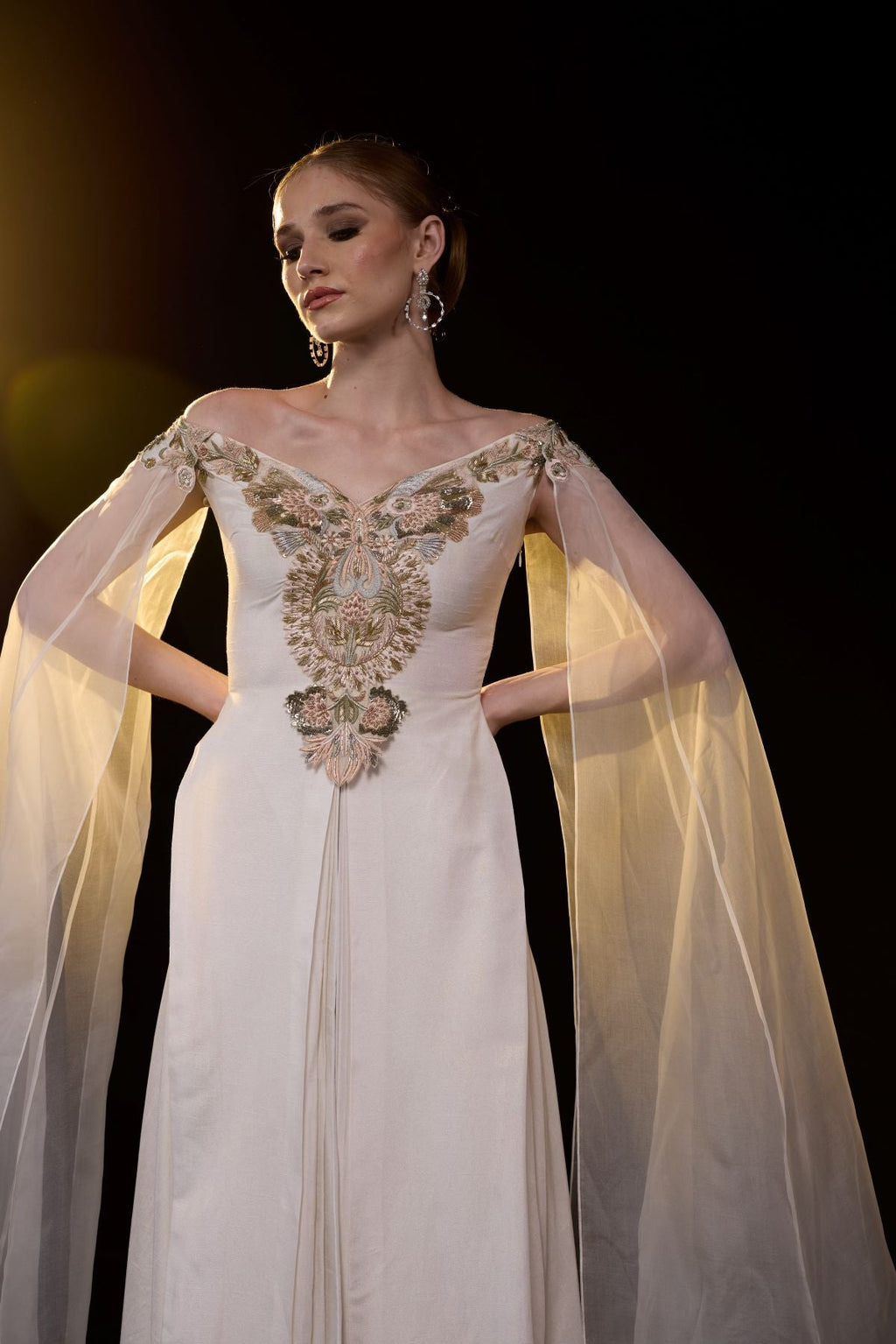 Off - shoulder gown features delicate floral embroidery - samantchauhan Apparel & Accessories