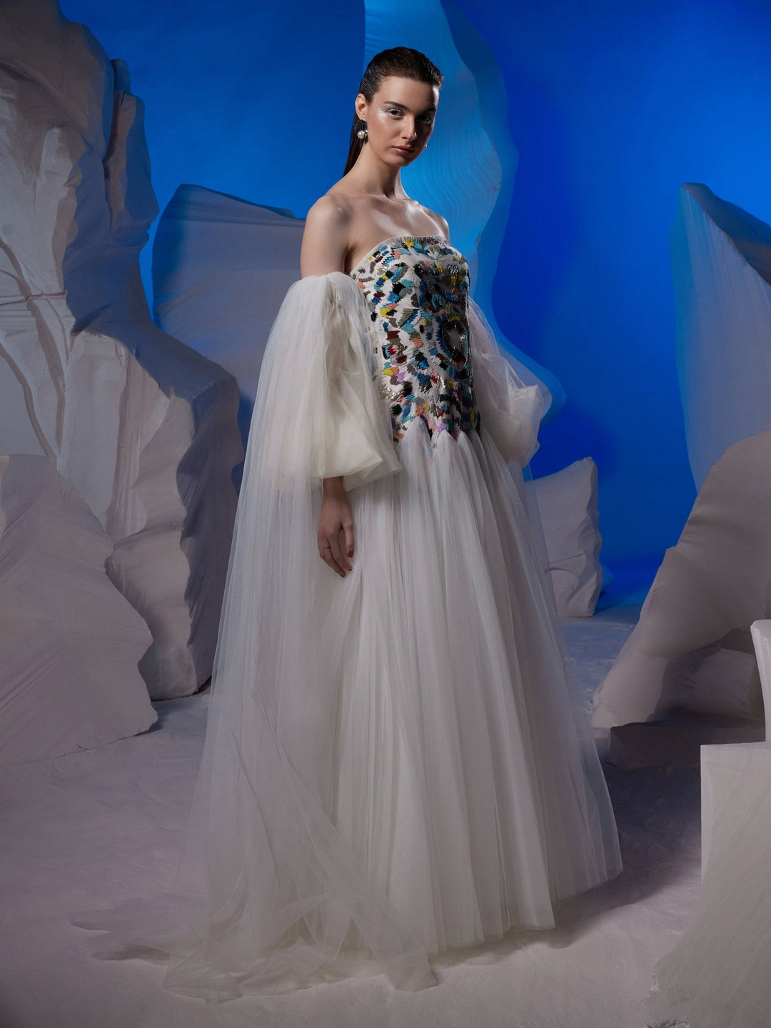 Off - shoulder gown with embroidery at the yoke - samantchauhan Apparel &amp; Accessories